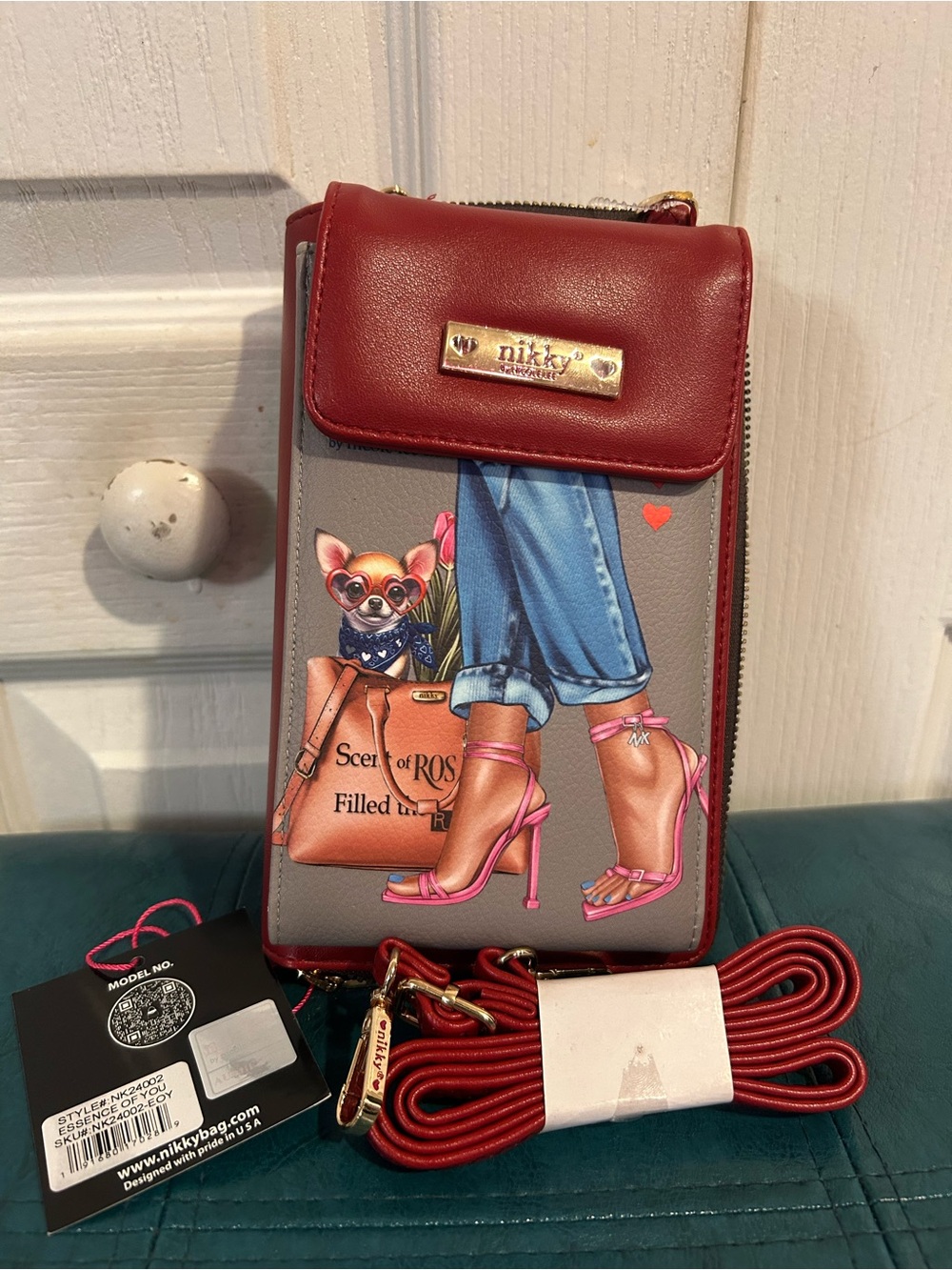 Nicole Lee Red and Gray Graphic Crossbody Phone Bag